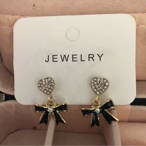 NWOT Heart Rhinestones and Black Bow Tie  Dangle Earrings